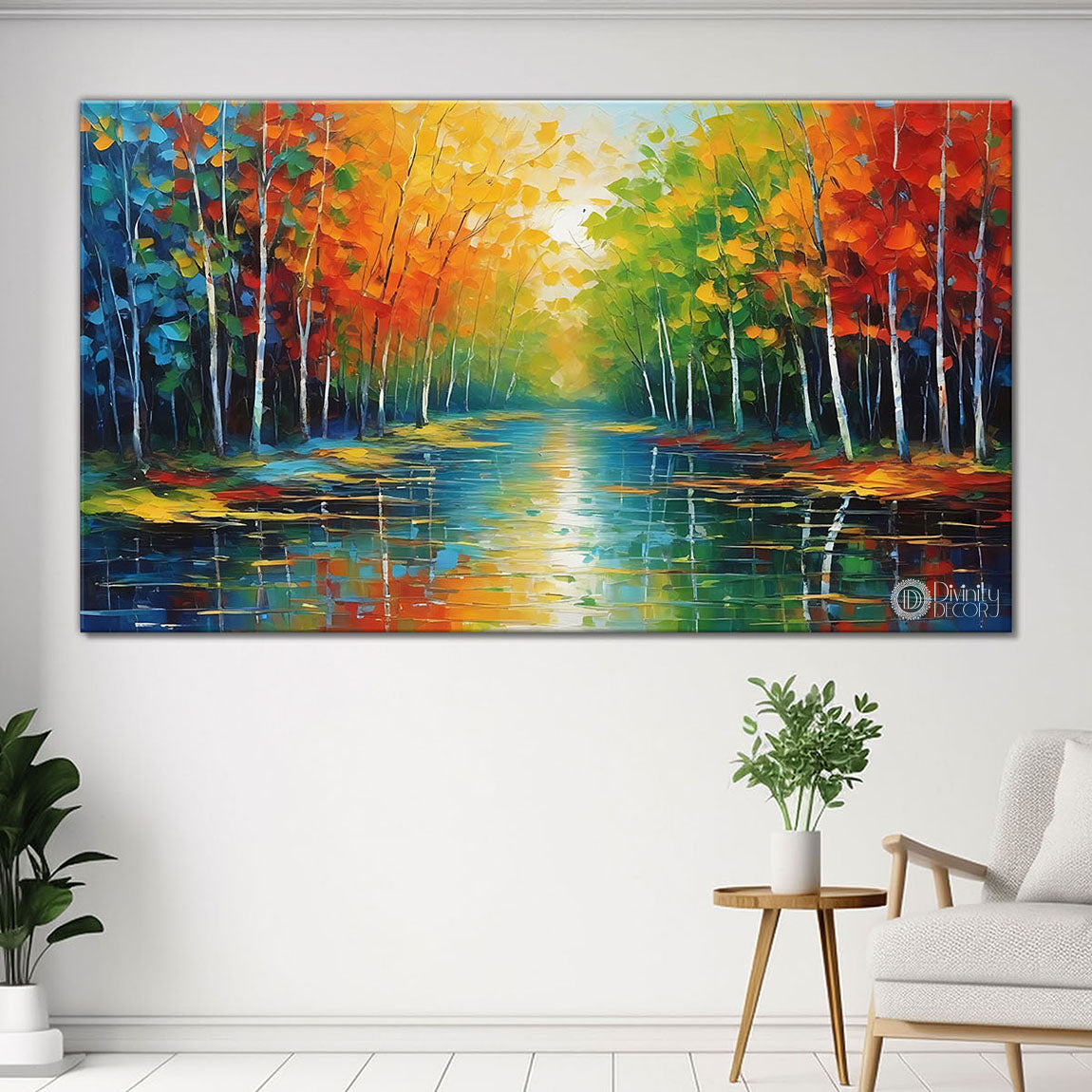 Colorful trees with river in textured painting Canvas Painting - Nature Art -106