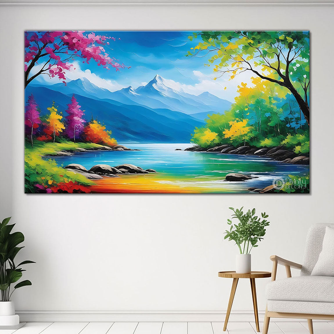 Mountains with trees in textured painting Canvas Painting - Nature Art -107