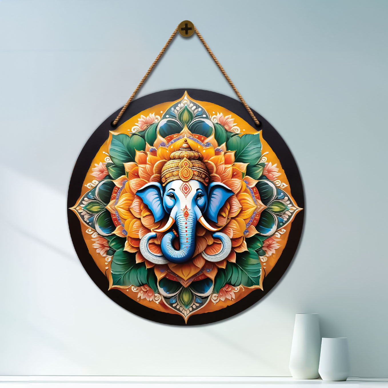 Ganesh Ji in green and yellow mandala Round Wooden Wall Hanging for wall Décor - Design - 107