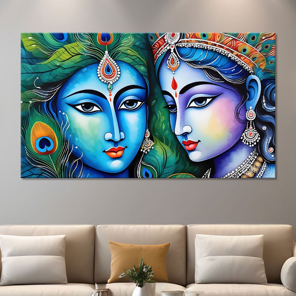 Blue face of Krishna and Radha with peacock feathers painting Canvas Painting - Design - Krishna-107
