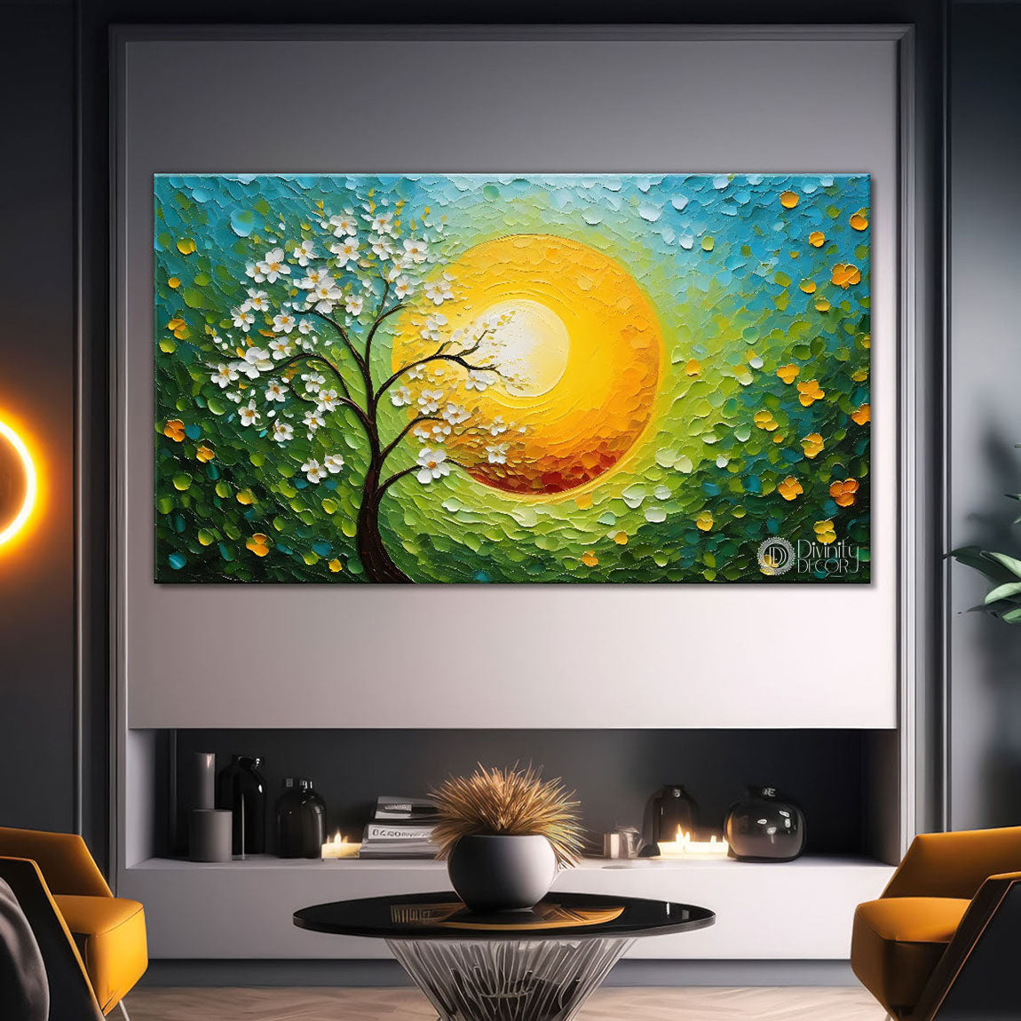 White flower tree in textured background oil painting - Design - Tree-107