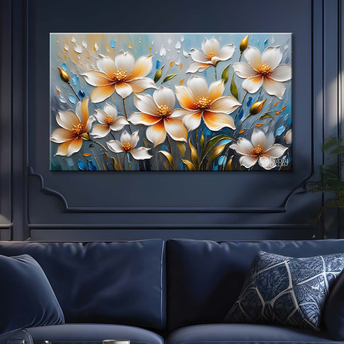 White flowers with blue textured background painting- Design - Flower-107