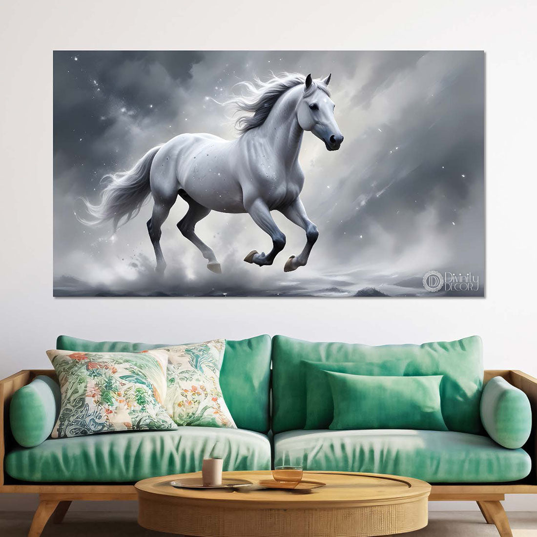 White running horse with grey textured background art Canvas Painting - Design - Horse-107