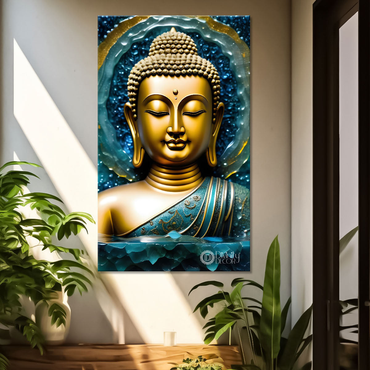 Golden buddha with blue background painting - Buddha-V-107