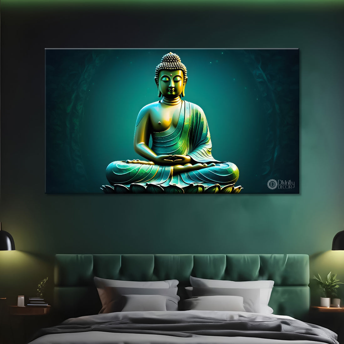 Golden buddha in green textured painting Canvas Wall Painting - Buddha-107