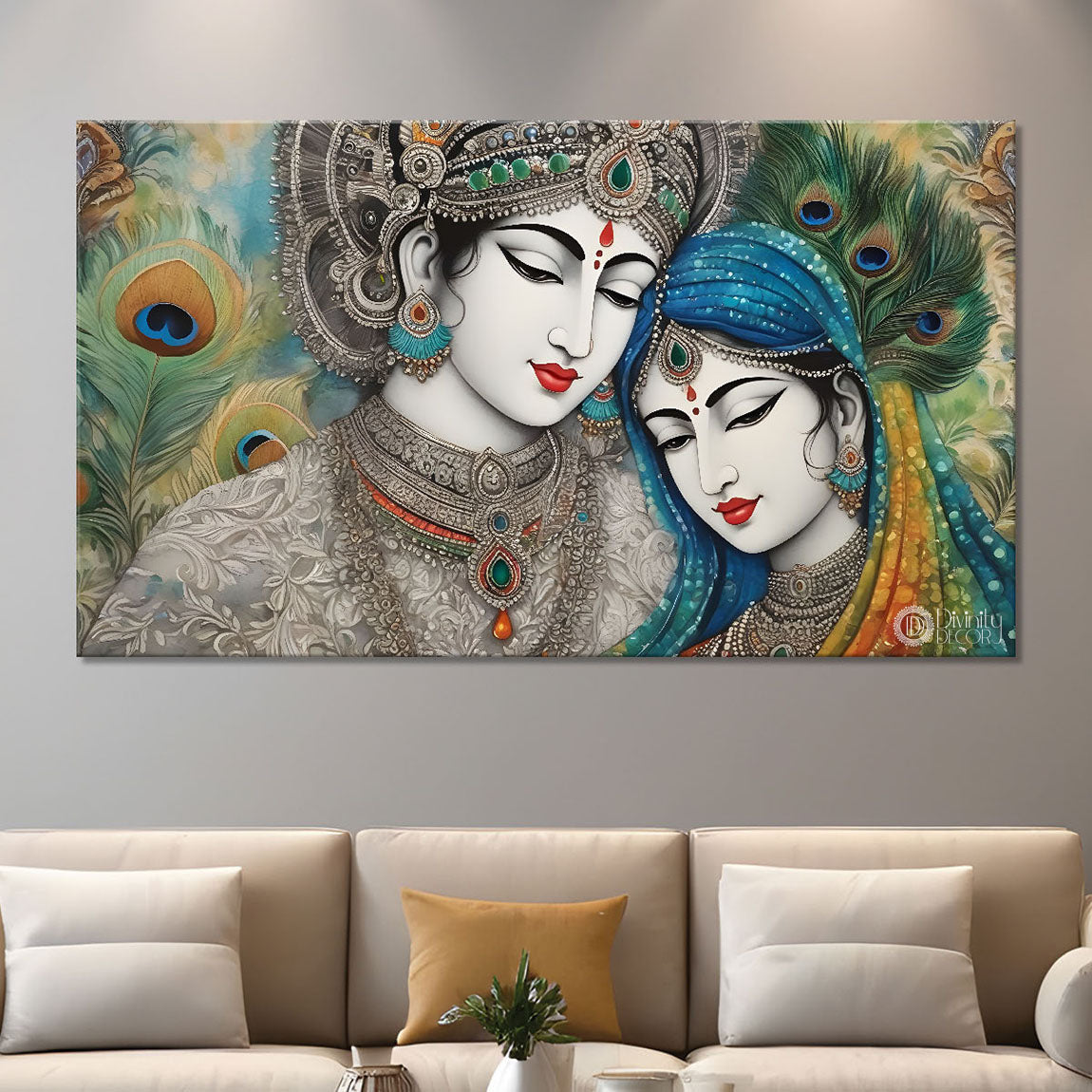 Krishna and Radha with peacock feathers painting Canvas Painting - Design - Krishna-108
