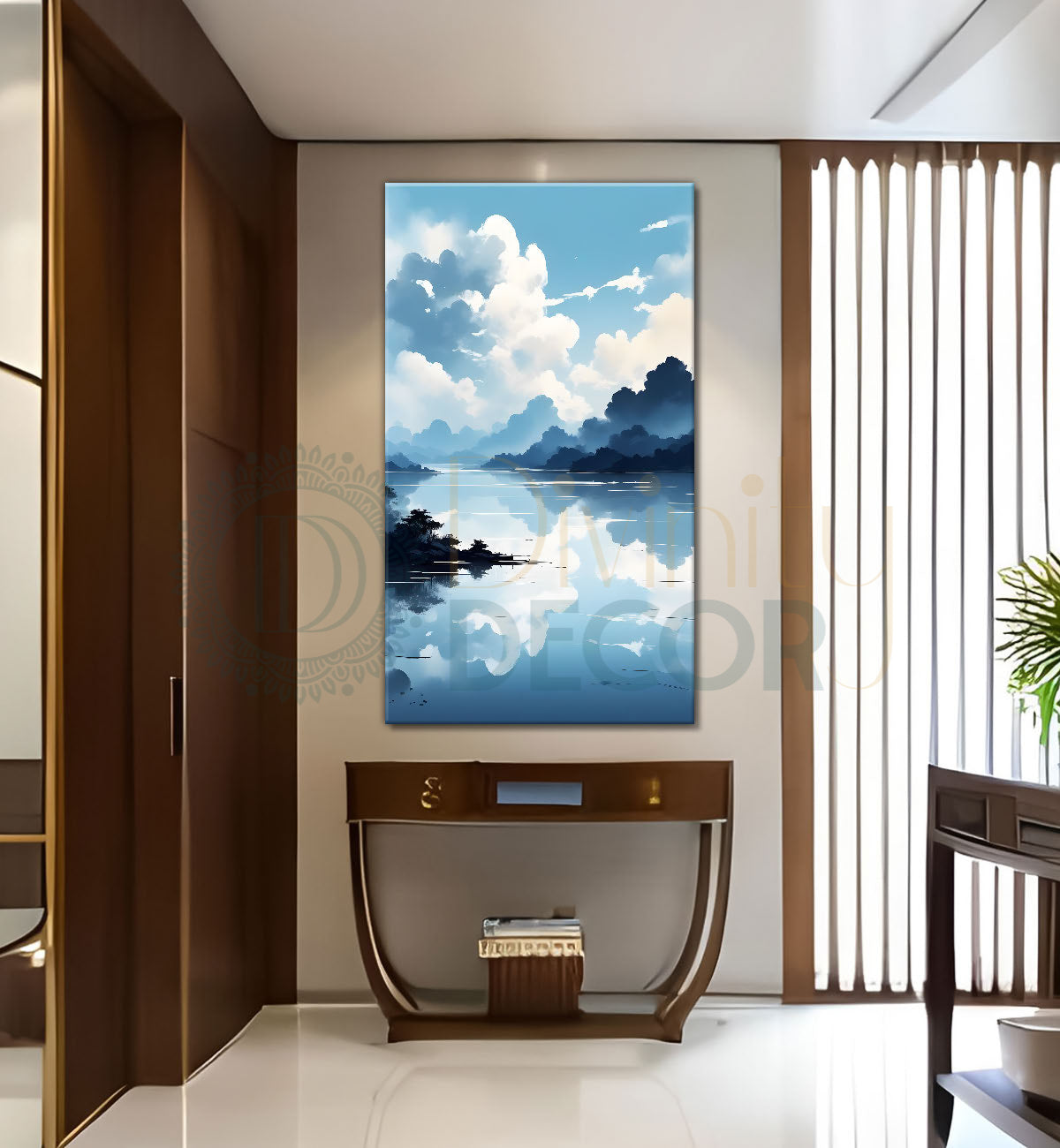 Mountains with river in cloudy sky in textured water colour painting Canvas Painting - Nature Art -V-108