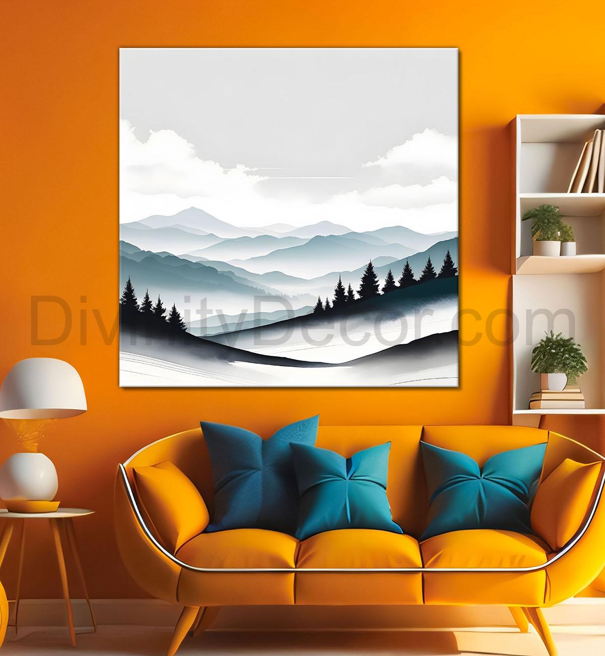 Mountains with trees in textured water colour painting 24X24   - Nature Art -S-108