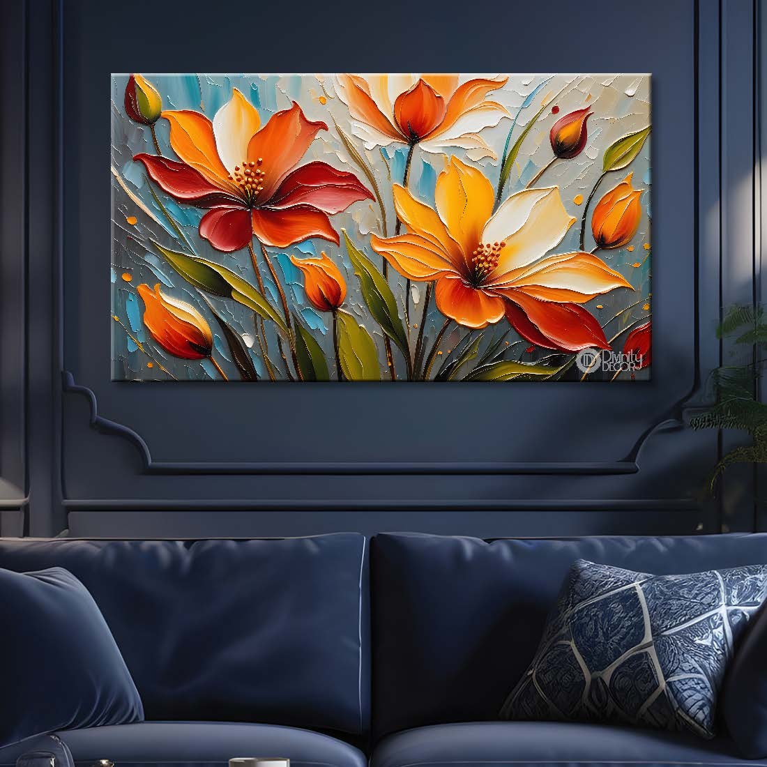 Orange flowers with blue textured background painting- Design - Flower-108