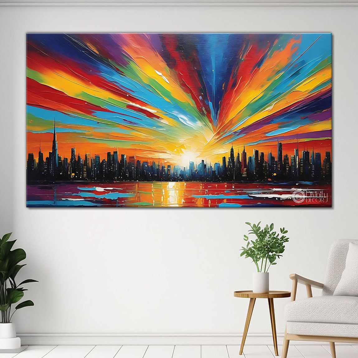 City with colorful sky in textured painting Canvas Painting - Nature Art -108