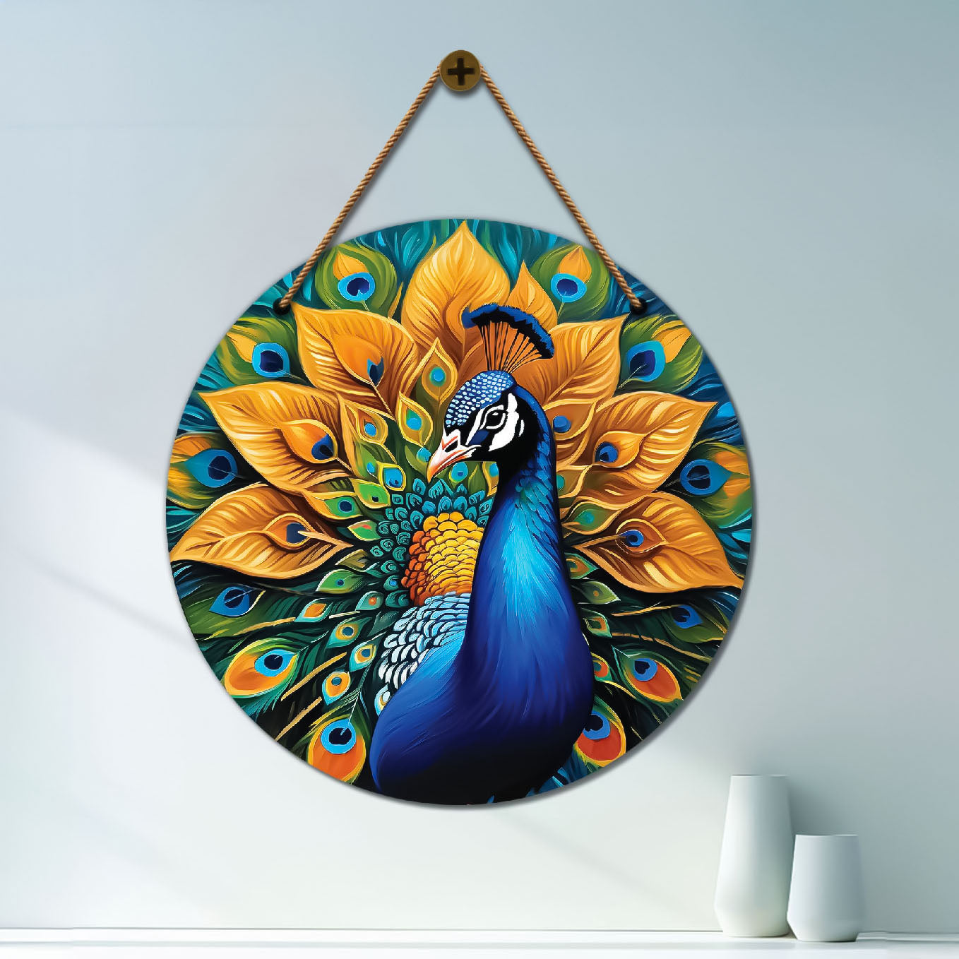 Peacock in green and golden mandala Round Wooden Wall Hanging for wall Décor - Design - 108