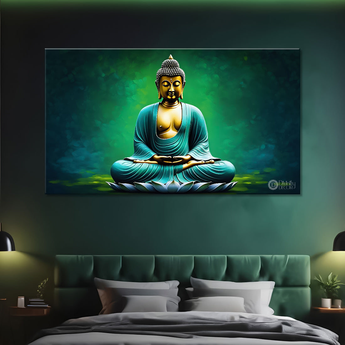 Golden buddha in green textured painting Canvas Wall Painting - Buddha-109