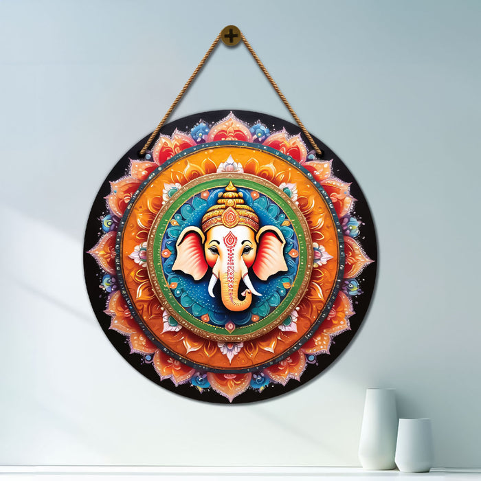 Ganesh Ji in orange and blue mandala Round Wooden Wall Hanging for wall Décor - Design - 109