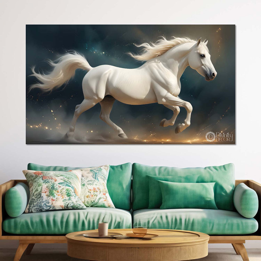 White running horse with yellow detailing in dark textured background art Canvas Painting - Design - Horse-109