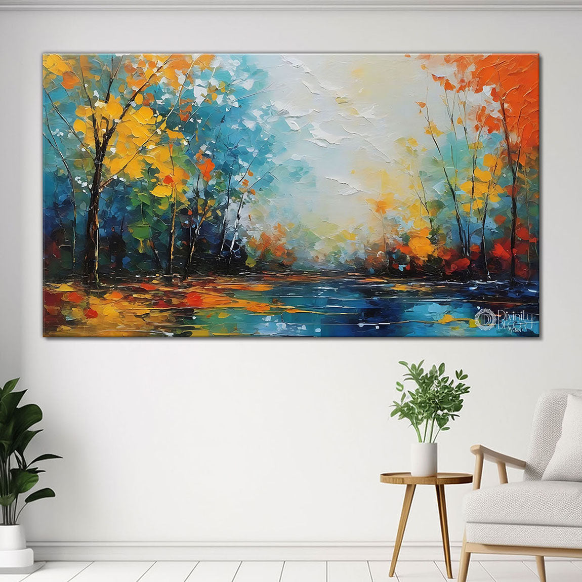 Yellow trees with lake in textured painting Canvas Painting - Nature Art -109