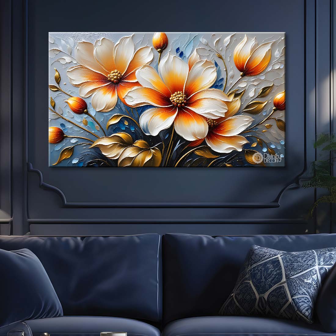 White flowers with blue textured background painting- Design - Flower-109