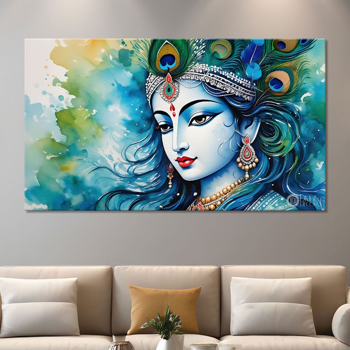 Blue face of Krishna with colorful background painting Canvas Painting - Design - Krishna-109