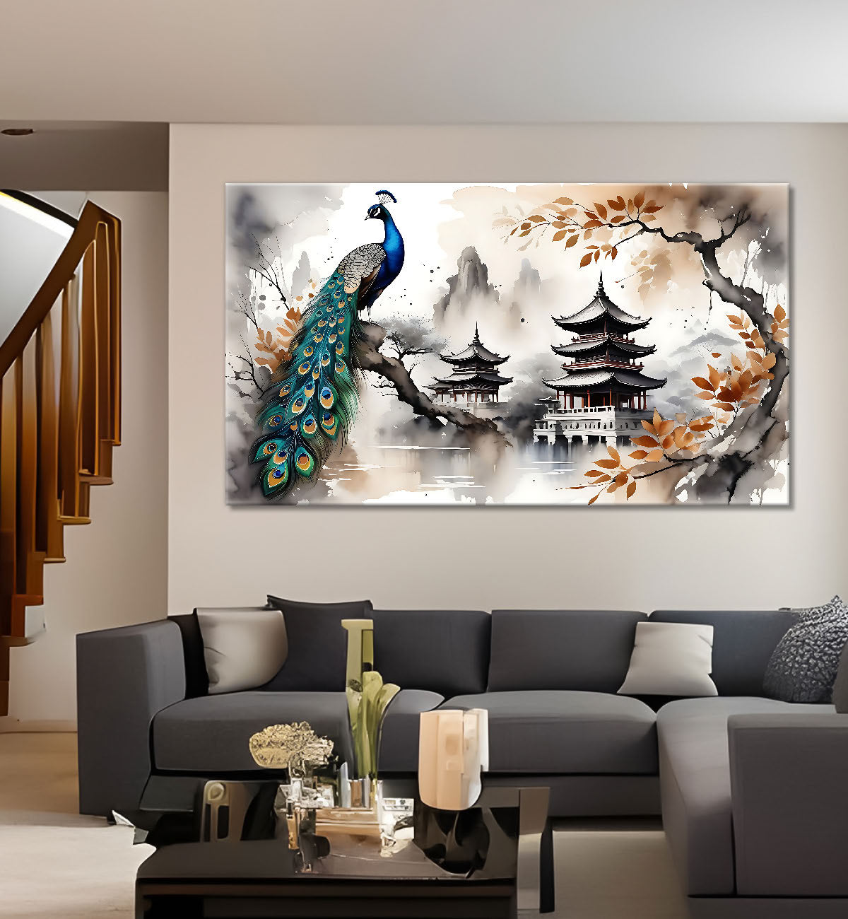 Peacock with grey textured background Canvas Painting - Design - Peacock-10