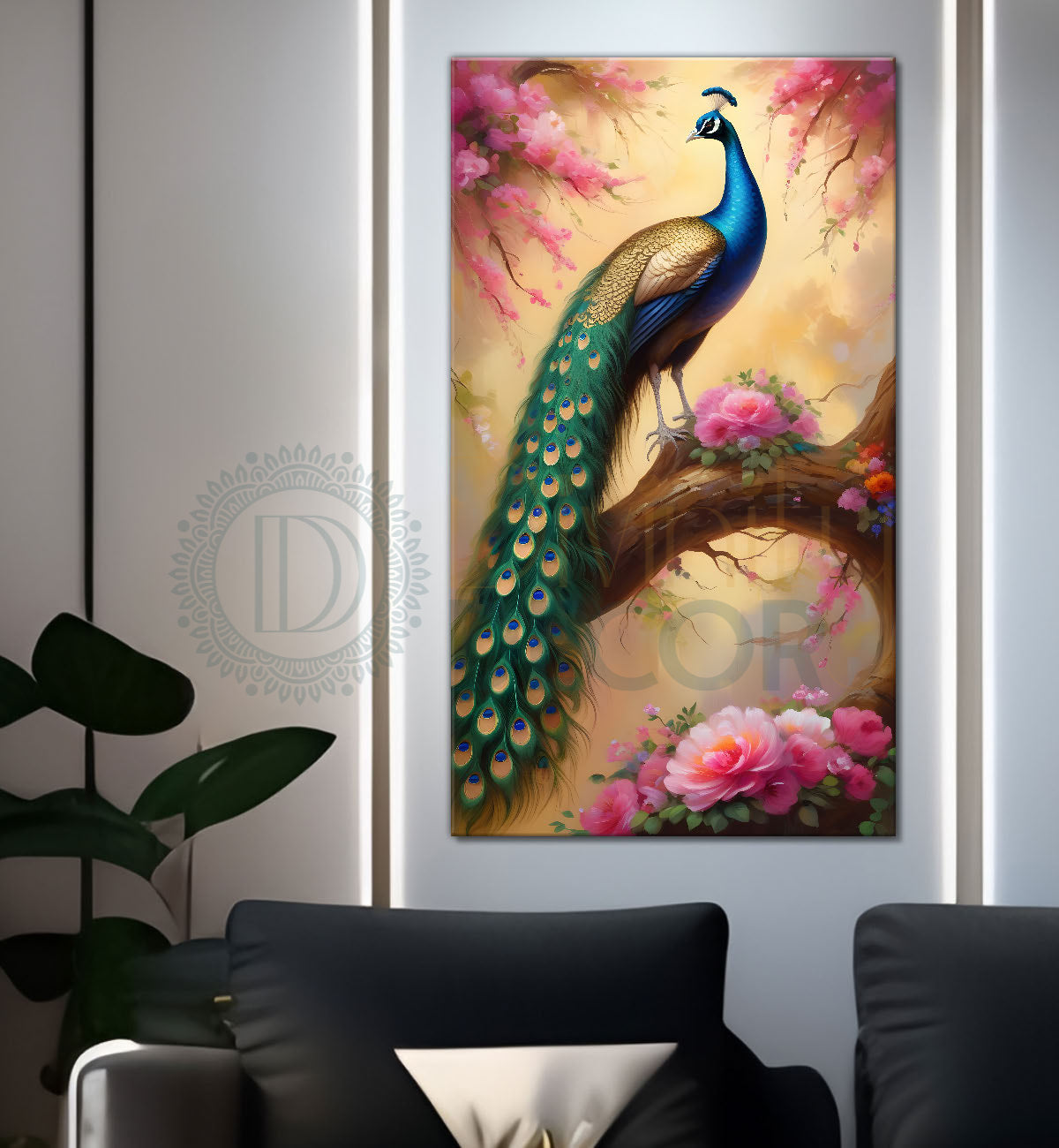 Peacock on branch with bright background modenr art  - Design - Peacock-V-10