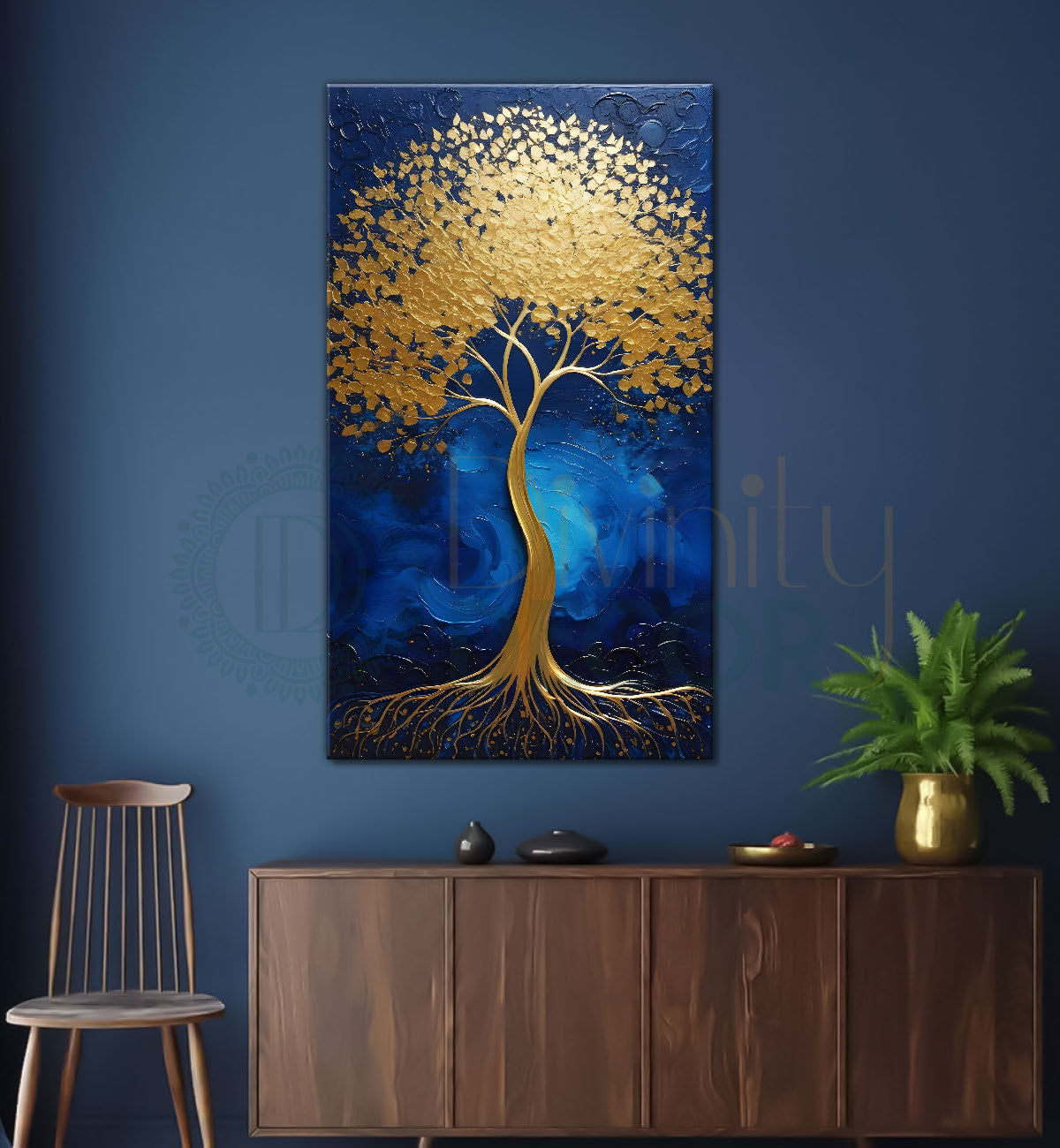 Golden tree in blue texutred background modern art Canvas painting - Tree-V-10
