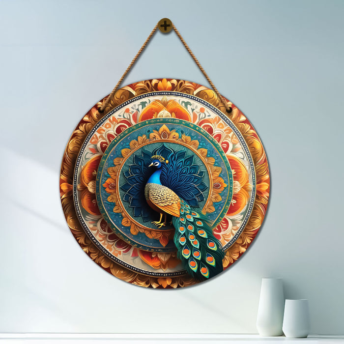 Peacock in orange and blue mandala Round Wooden Wall Hanging for wall Décor - Design - 110