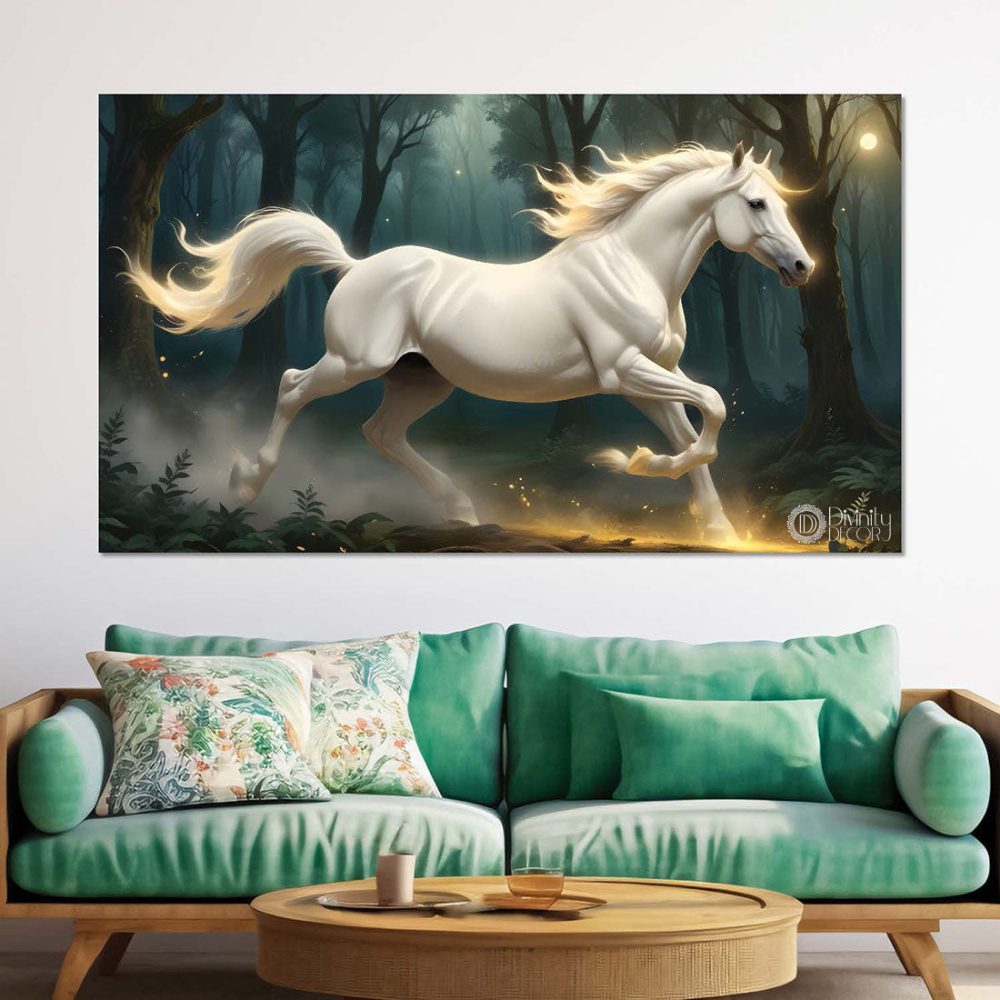 Grey running horse with yellow detailing and trees in textured background art Canvas Painting - Design - Horse-110