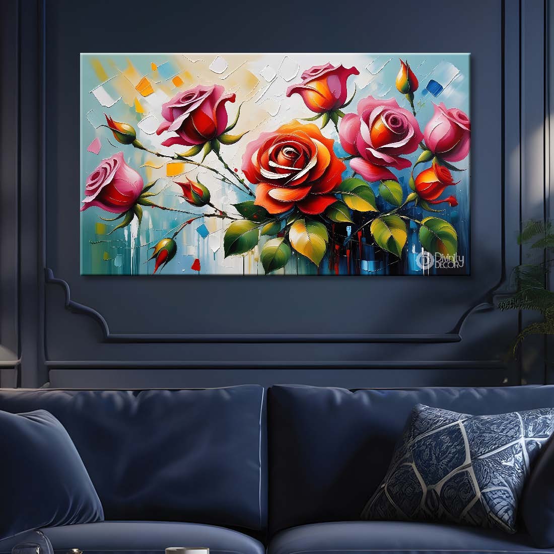 Pink roses with blue textured background painting- Design - Flower-110