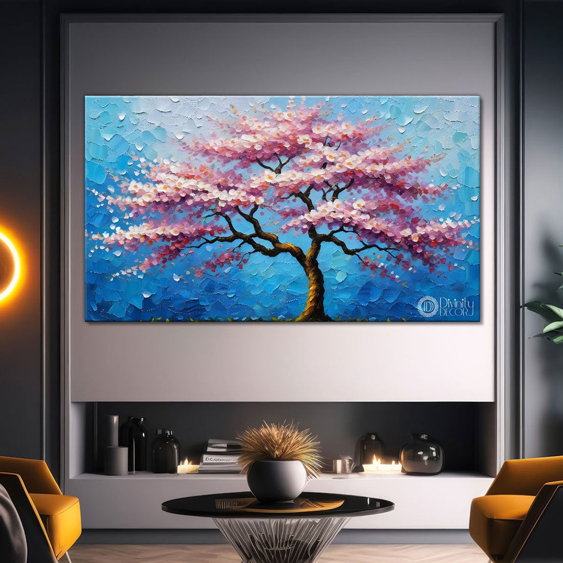 White flower tree in textured background oil painting - Design - Tree-110