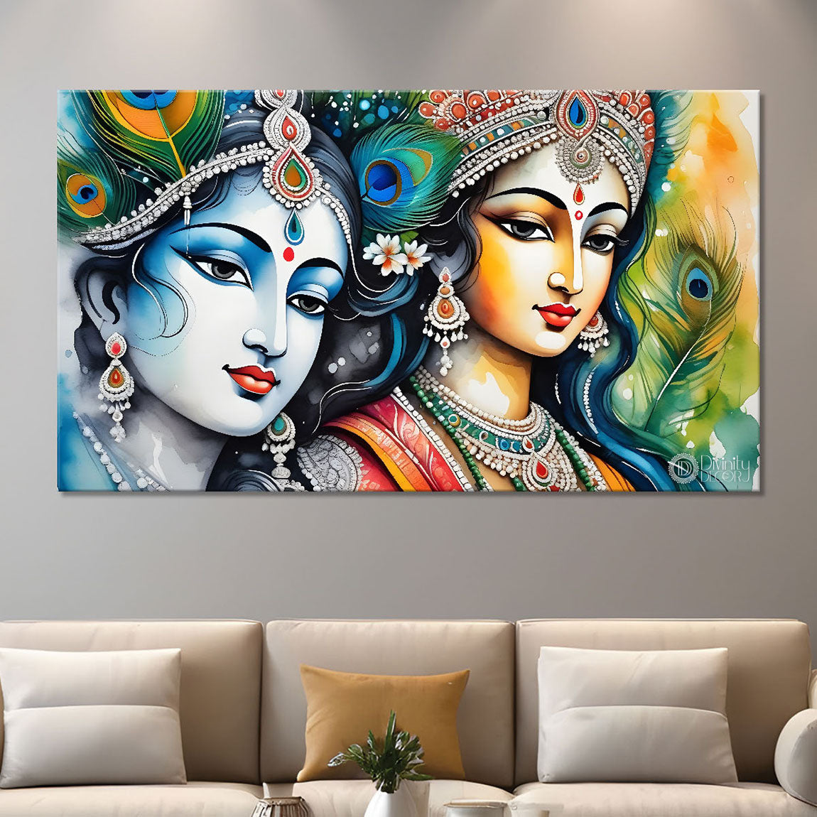 Blue face of Krishna and Radha with peacock feathers painting Canvas Painting - Design - Krishna-110