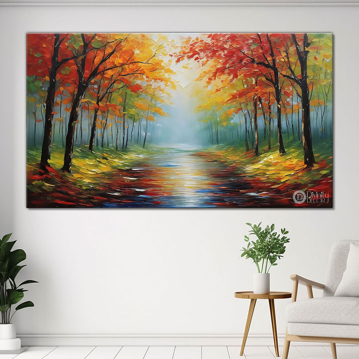 Orange trees with lake in textured painting Canvas Painting - Nature Art -110