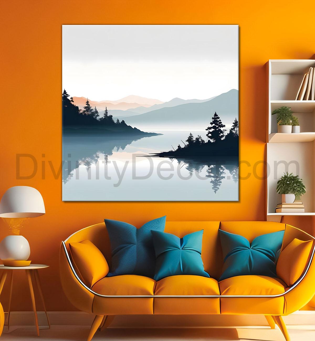 Mountains with river and trees water colour painting 24X24 - Nature Art -S-110