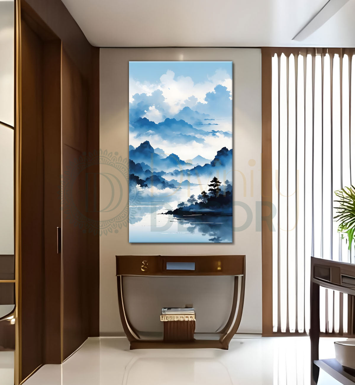 Mountains with river in cloudy sky in textured water colour painting Canvas Painting - Nature Art -V-110