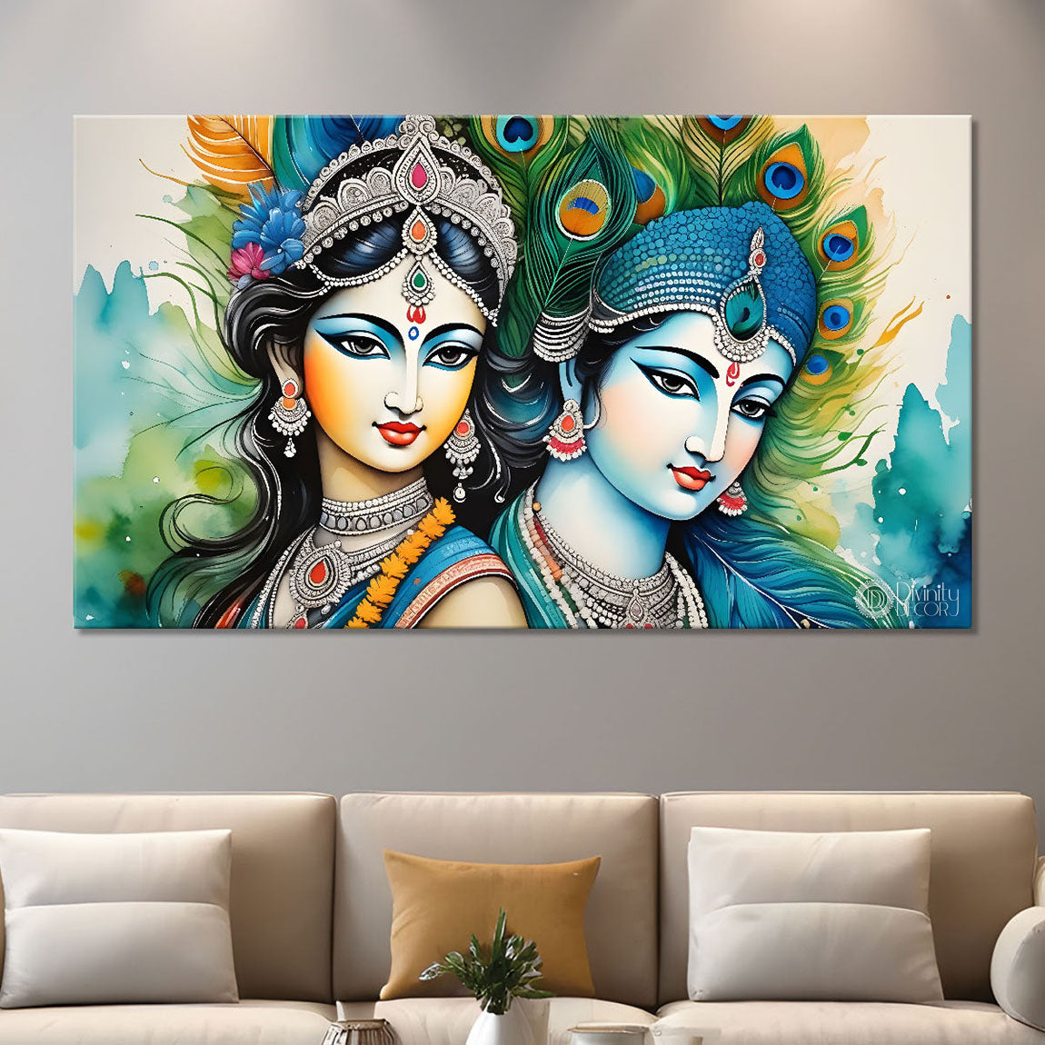 Blue face of Krishna and Radha with peacock feathers painting Canvas Painting - Design - Krishna-111