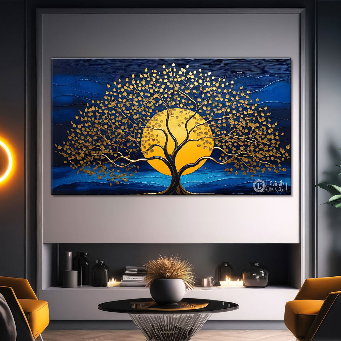 Golden tree in dark blue textured background modern art - Design - Tree-111