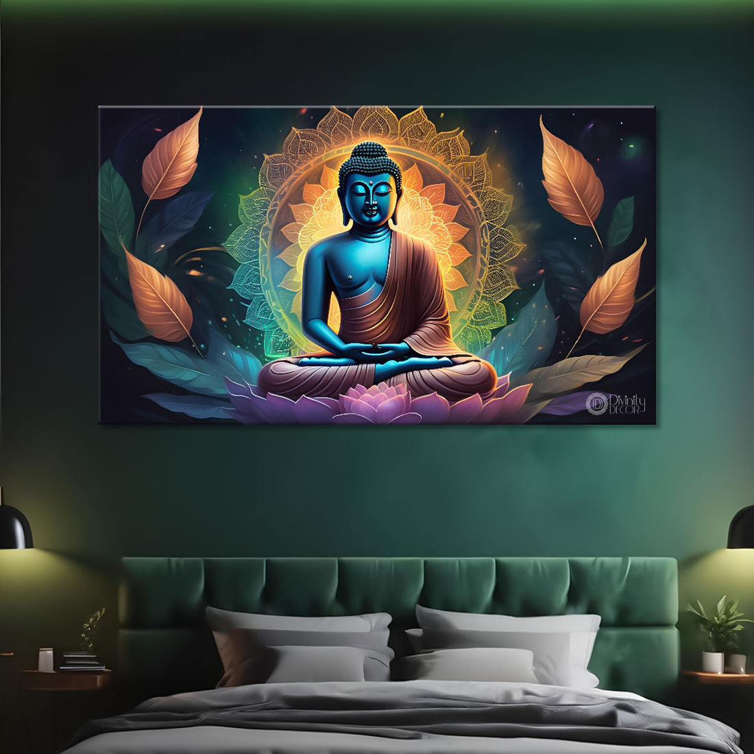 Buddha in sea green background textured painting Canvas Wall Painting - Buddha-111