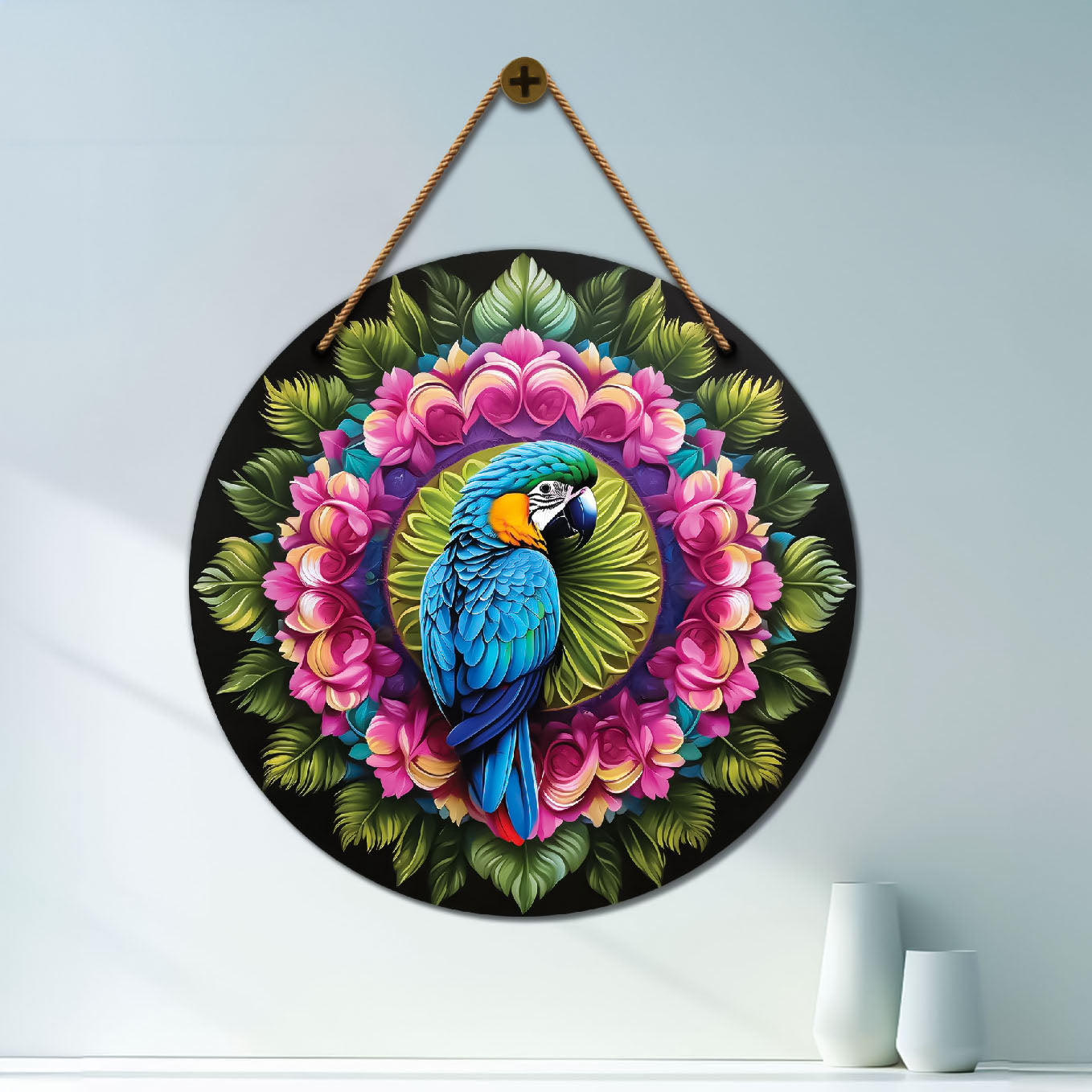 Parrot in pink and green mandala Round Wooden Wall Hanging for wall Décor - Design - 111