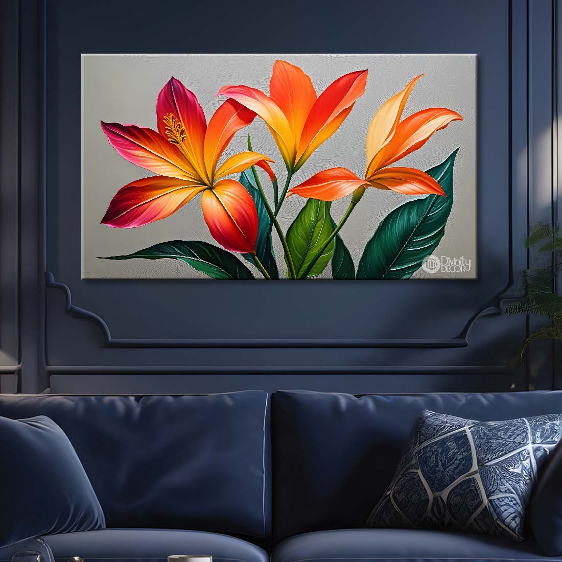 Orange flowers with grey textured background painting- Design - Flower-111