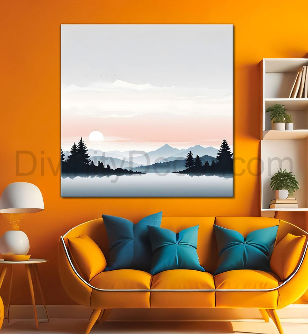 Mountains with river and trees water colour painting  24X24- Nature Art -S-111