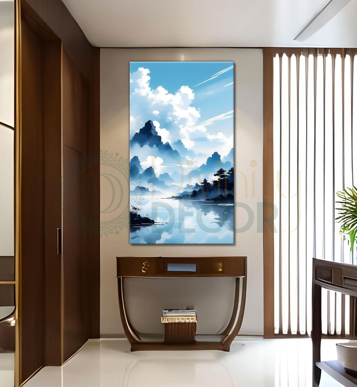 Mountains with river in cloudy sky in textured water colour painting Canvas Painting - Nature Art -V-111