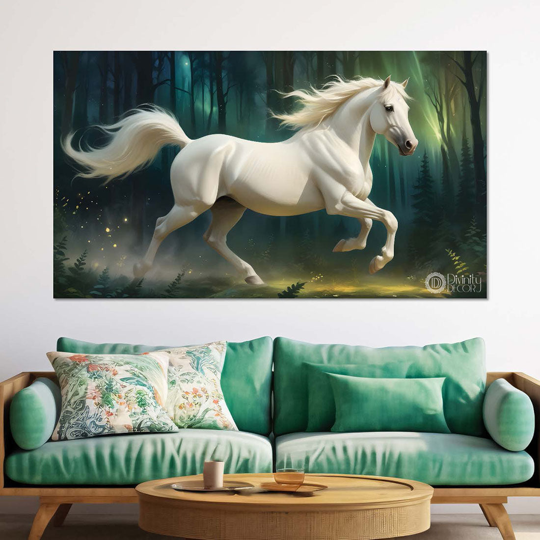Grey running horse with trees in green textured background art Canvas Painting - Design - Horse-111