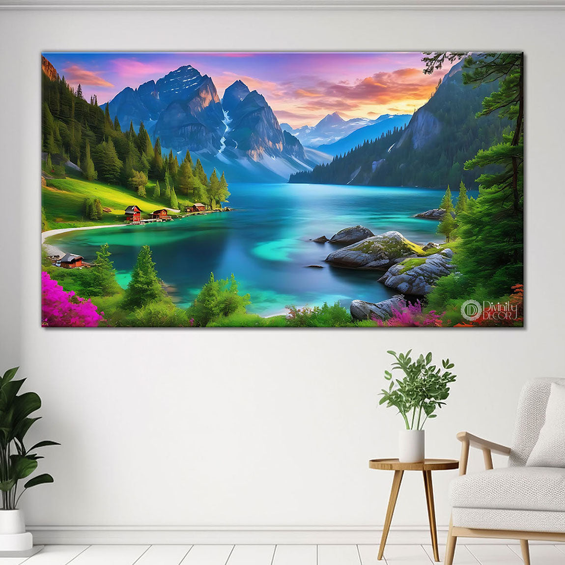 Mountains with river and greenery in pink sky textured painting Canvas Painting - Nature Art -111