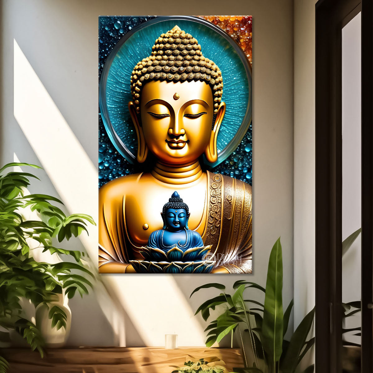 Golden buddha with blue background painting - Buddha-V-111