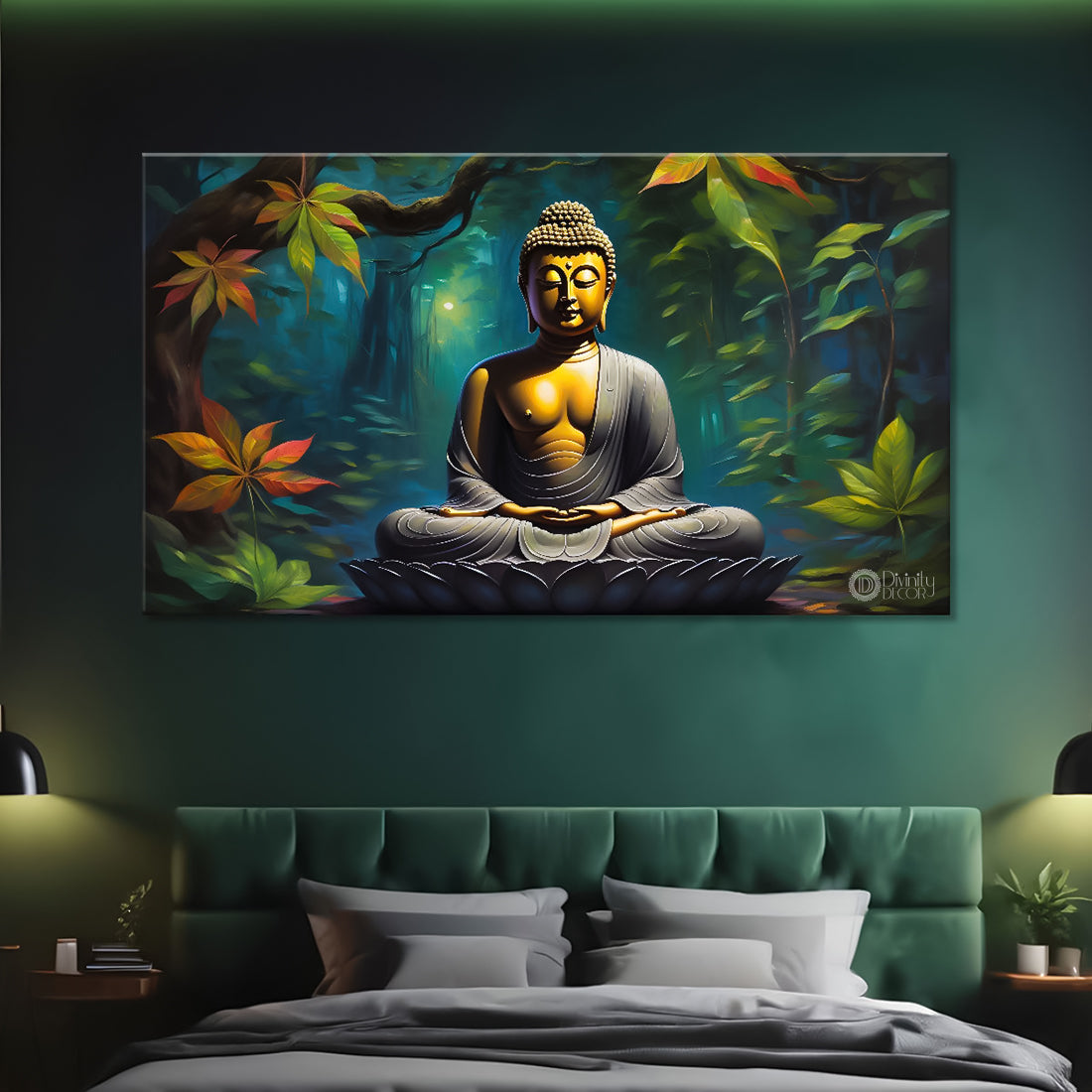 Buddha in sea green background textured painting Canvas Wall Painting - Buddha-112