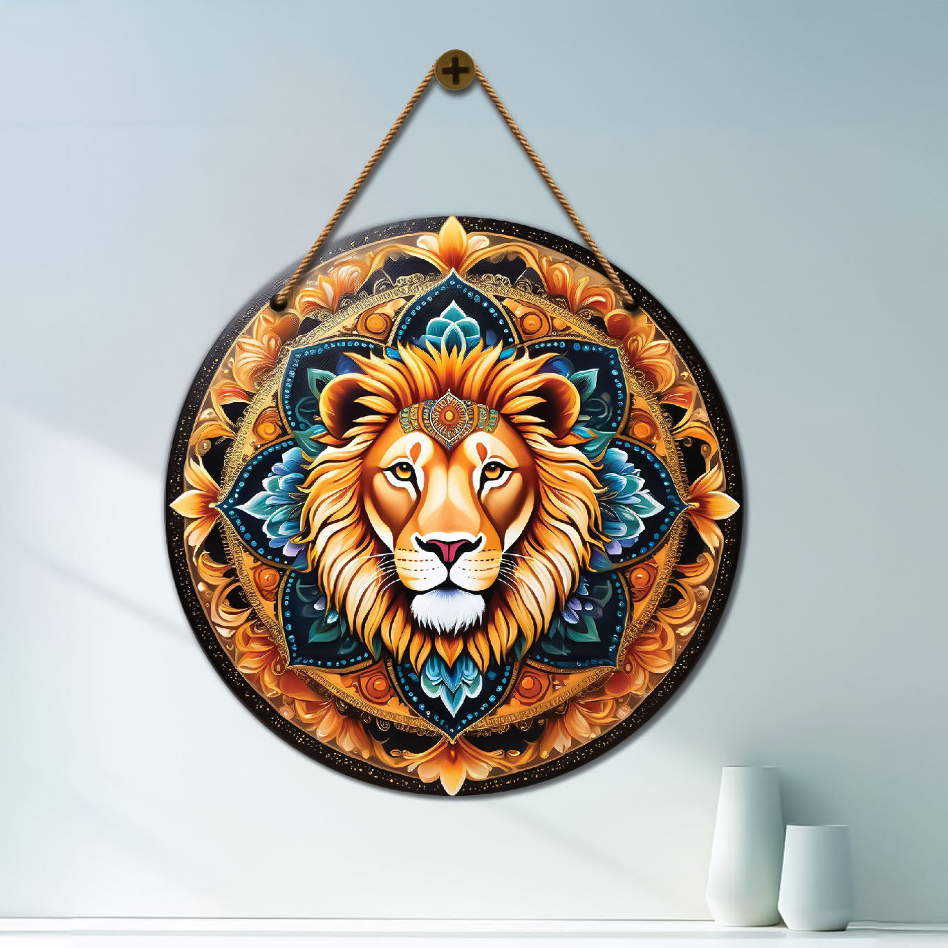 Lion in blue and golden mandala Round Wooden Wall Hanging for wall Décor - Design - 112
