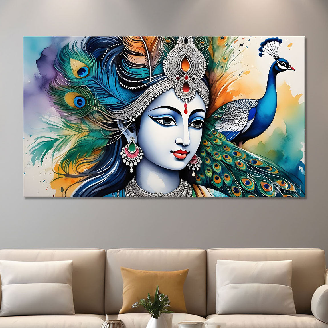 Blue face of Krishna with colorful background painting Canvas Painting - Design - Krishna-112