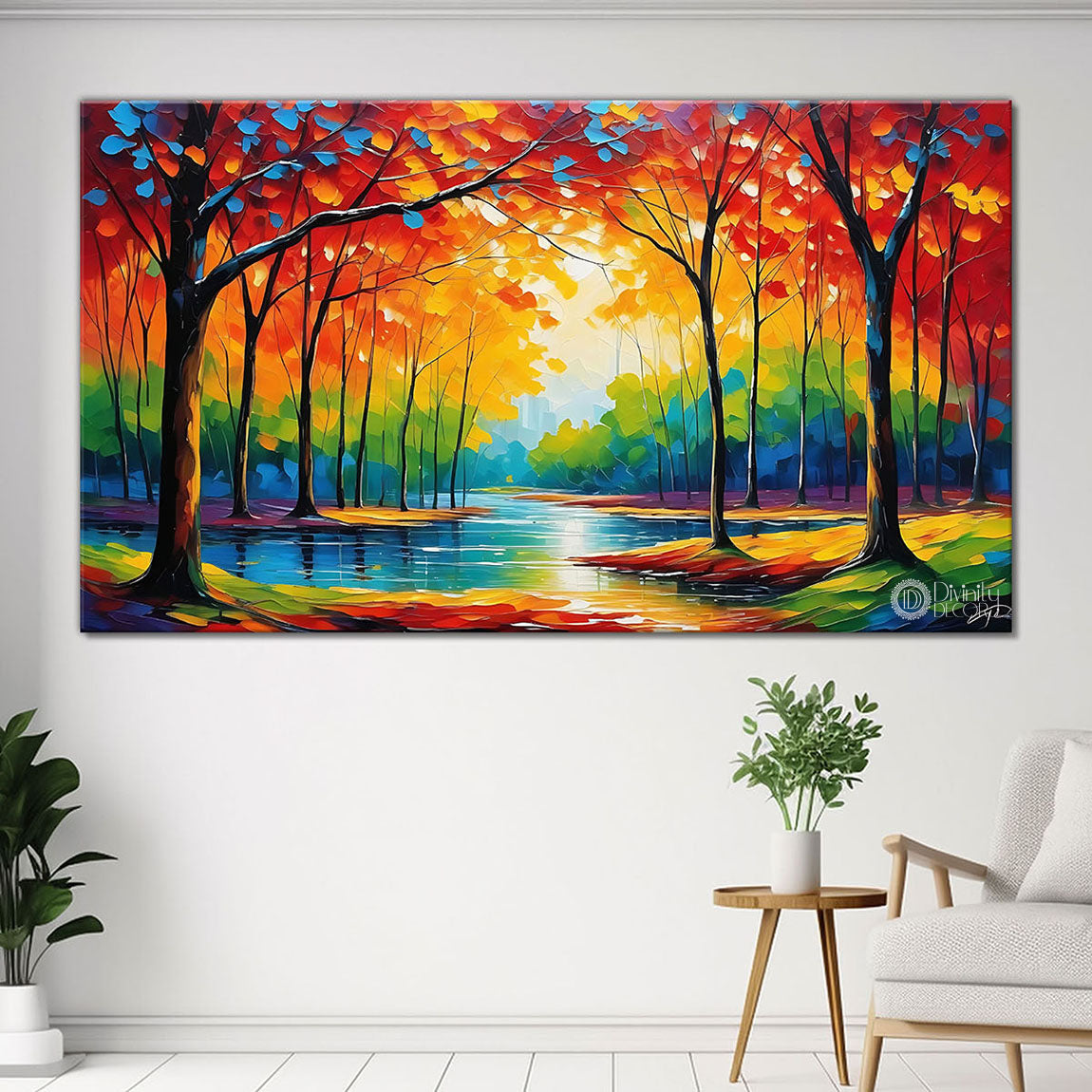 Orange trees with lake in textured natural painting Canvas Painting - Nature Art -112