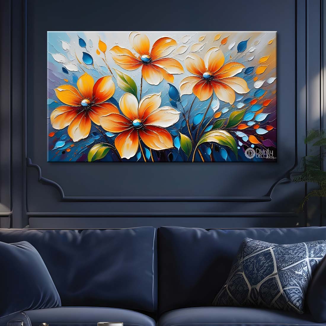 Orange flowers with blue textured background painting- Design - Flower-112
