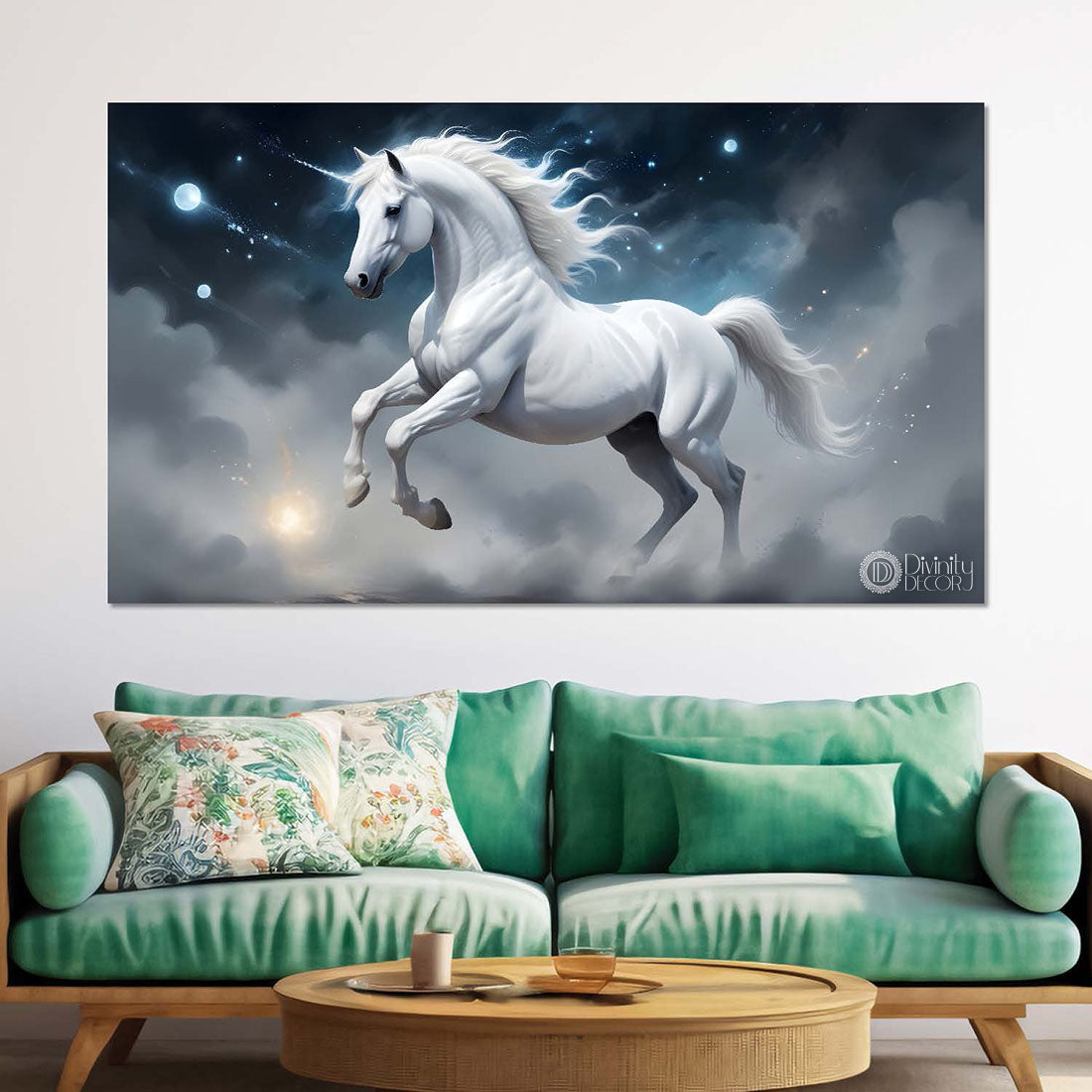 White running horse in cloudy and grey textured background art Canvas Painting - Design - Horse-112