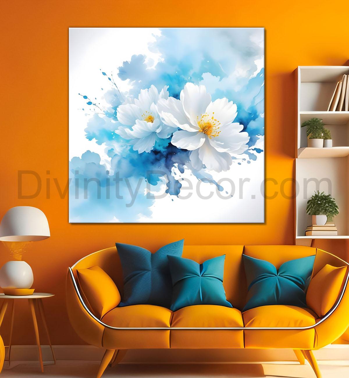 White flowers in water colour painting  24X24 - Nature Art -S-112