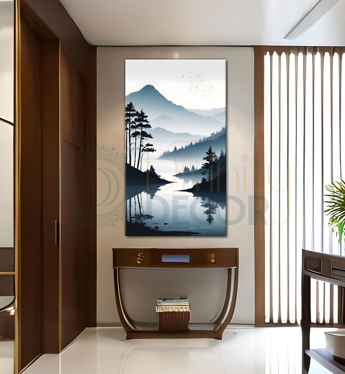 Mountains with river and trees in grey textured water colour painting Canvas Painting - Nature Art -V-112